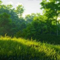 Morning Light Illuminates Lush Green Meadow Surrounded by Trees photo