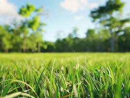 Morning Light Illuminates Lush Green Meadow With Vibrant Grass and Tree Line photo