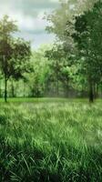 Morning Light Over a Lush Green Meadow Surrounded by Trees photo