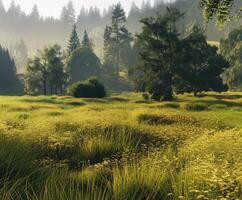Morning Light on a Lush Green Meadow Surrounded by Trees and Distant Hills photo