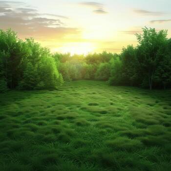 Green Meadow Under Colorful Sunset With Lush Trees in the Background photo