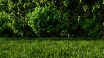 Morning Light Illuminates A Lush Green Meadow Surrounded By Vibrant Trees photo