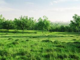Tranquil Green Meadow at Dawn Surrounded by Lush Trees and Serenity photo