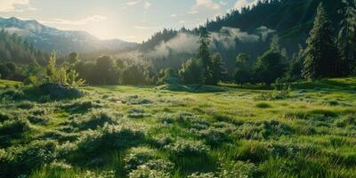Morning Sunlight Illuminates Lush Green Meadow Surrounded by Mountains and Trees photo