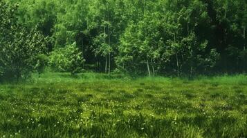 Morning Light Over a Lush Green Meadow Surrounded by Vibrant Trees photo