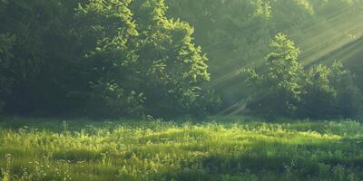 Morning Light Illuminates Lush Green Meadow Surrounded by Forest photo