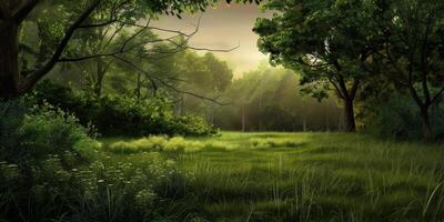 Green Meadow Bathed in Warm Light at Sunset With Trees and Gentle Breeze photo
