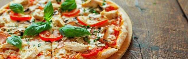 Delicious Chicken Pizza Served on Rustic Wooden Table With Fresh Basil and Vegetables photo