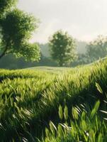 Morning Light Illuminates Lush Green Meadow With Gentle Breeze and Trees photo