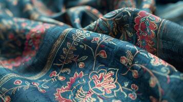 Close-up fabric background featuring Indian floral motifs on the textile. photo