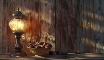 a lamp and a bowl with dates on a wooden background photo