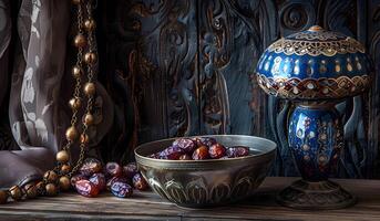 a lamp and a bowl with dates on a wooden background photo