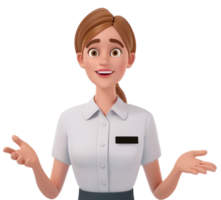 Animated Female Character in Uniform with Name Tag Gesturing and Smiling on Transparent Background png