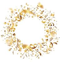 Confetti round banner. Gold realistic confetti and serpentine ribbons round frame for decoration holiday design,anniversary,advertisement,New Year,greeting card.Modern empty serpentine frame vector