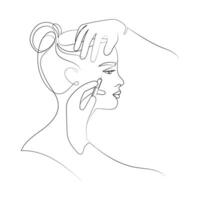 Beauty injection concept illustration Line art drawing. Cosmetologist or doctor's hands with a syringe make an injection into a woman's face line sketch drawing in modern minimalist style. vector