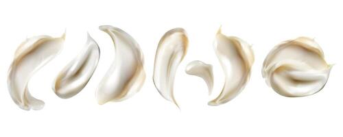 Realistic cream texture swatch of different shapes set on white background.Cosmetics cream product texture realistic illustration. Skin care product,smear of creamy texture elements collection vector