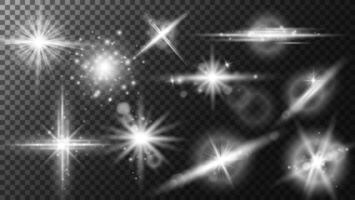 Glowing lights overlay effect different shapes set. light sun flares.Collection of shining transparent white stars and sun flares with glow effect.Star burst with glitter.Magic Light for photos vector