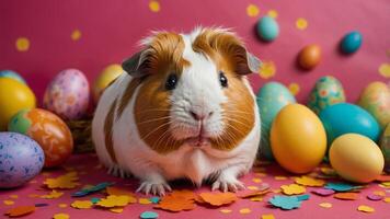 A cute guinea pig with yellow glasses surrounded by colorful Easter eggs on a plush background. photo