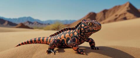 A Gila monster lizard rests in the desert sand. photo