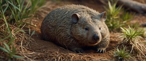 A close-up image of a chubby wombat resting in its burrow, australia, native, marsupial, wildlife, adorable, burrow, furry. photo