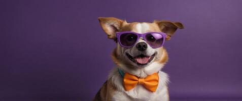 A dog wearing sunglasses and a bow tie is smiling The image has a fun and playful mood banner dog with glasses on colorful purple background. photo