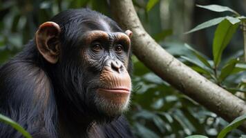 A close-up of a chimpanzee in its natural habitat with face digitally obscured. photo