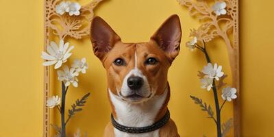 Basenji dog on a bright yellow background with copy space. photo