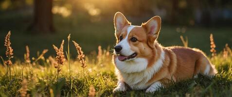 An adorable Welsh Corgi lies in a meadow, basking in the warm glow of sunlight. photo