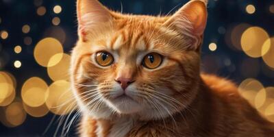 A close-up of a curious orange tabby cat with sparkling bokeh lights in the blurred background. photo