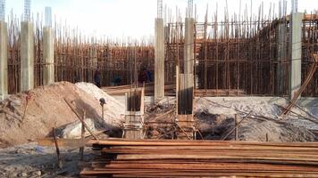 Wooden frame supporting the beam structure under construction. photo