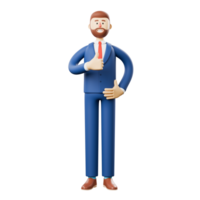 Portrait of smiling bearded businessman showing gesture cool. 3D illustration of cartoon standing man in suit with thumb up pose. png