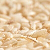 A background of dry brown rice grains showcases the integral, uncooked basmati texture. The macro view highlights the raw nature of this organic, whole food. photo