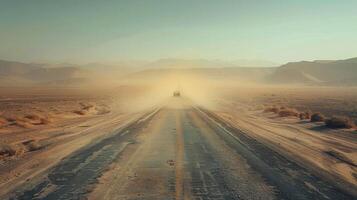 Car driving on dusty road in desert landscape with mountains in background during sunset photo