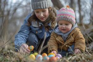 A happy woman and child in outerwear play with Easter eggs, smiling in the grass photo