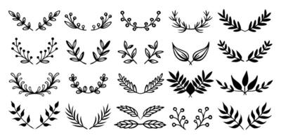 set of black hand-drawn floral leaf clip art vector