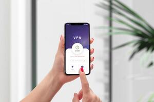 Starting a VPN connection on a smartphone. Emphasizes mobile online security, privacy protection, and secure internet access in a modern digital context photo