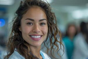 Smiling, friendly female doctor or nurse with a diverse team in background at a hospital. photo