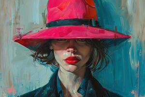 A close-up portrait of a woman with a bold red lip, wearing a pink hat, painted in a contemporary style. photo