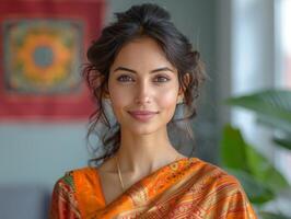 A close-up portrait of an Indian woman dressed in a traditional orange sari, smiling warmly at the camera. photo