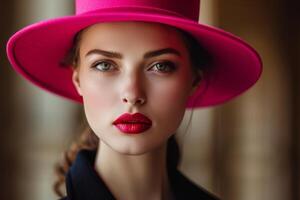 A close-up portrait of a young woman wearing a pink hat, with her eyes looking directly at the viewer. photo