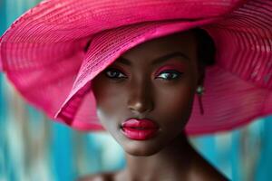 A close-up portrait of a woman wearing a pink hat, with dramatic makeup that includes red lipstick and bold eyeshadow. photo