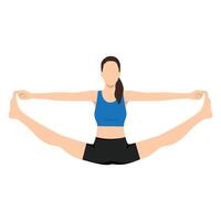 Woman doing Spinal Column Pose, Upward Seated Straddle Pose, Balancing Bear Pose or Merudandasana. vector