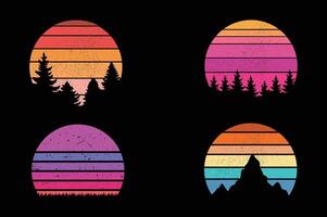 Striped circles with mountains and forest trees. vector