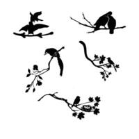set of black silhouettes with eggs in bird nest on tree branch. vector