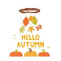 hello autumn concept. Autumn background with decorative garland of leaves and pumpkins vector