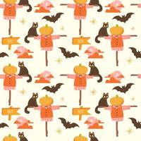 pattern with a cat and a scarecrow. Halloween backdrop vector