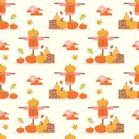 Autumn seamless pattern with pumpkins and scarecrow vector