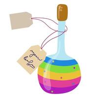 Colorful Magic Potion Bottle. Alchemist, magical elixir, witch and wizard magic vials vector