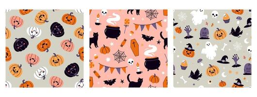 Set of seamless patterns with Halloween items. graphics. vector