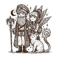 Vintage Fantasy Artwork with Wizard, Elf, and Enchanted Cat vector